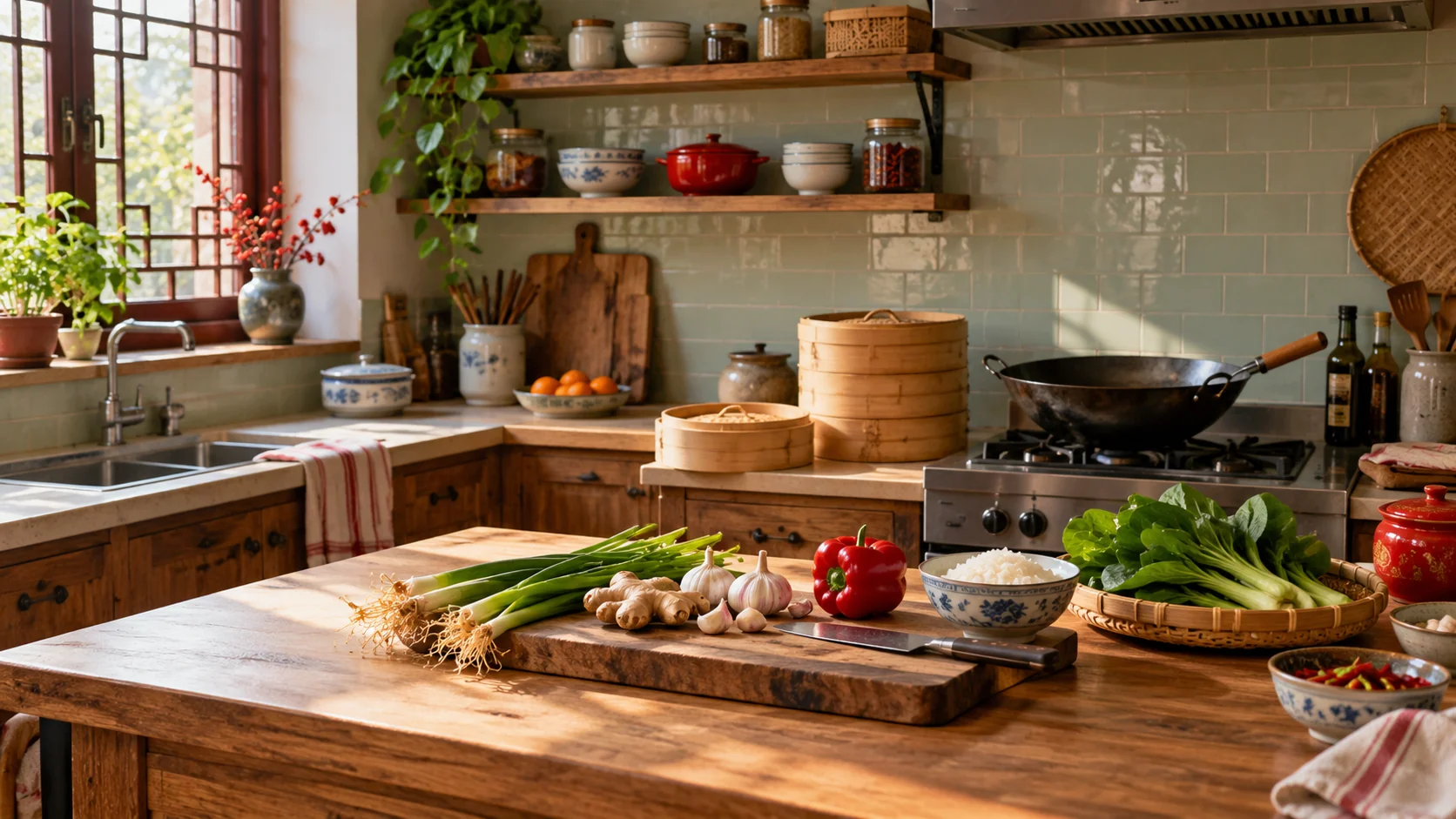 A welcoming Chinese home kitchen with a wok, bamboo steamers, spring onions, ginger and garlic.