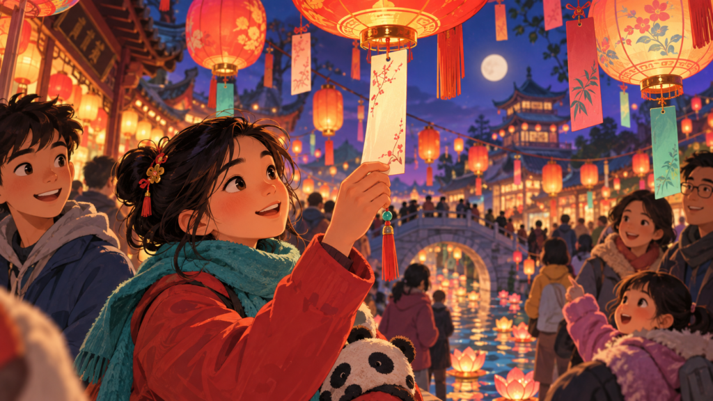 Illustration of glowing festival lanterns and a riddle card