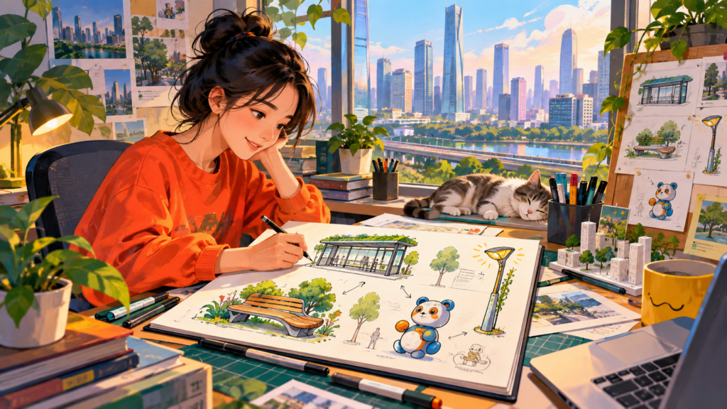 Illustration for “Why would a city give a prize to a designer?”: bold illustrated worktable with sketches of a bus seat, lamp and city bench.