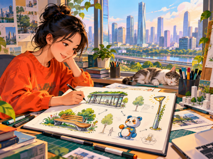 Illustration for “Why would a city give a prize to a designer?”: bold illustrated worktable with sketches of a bus seat, lamp and city bench.