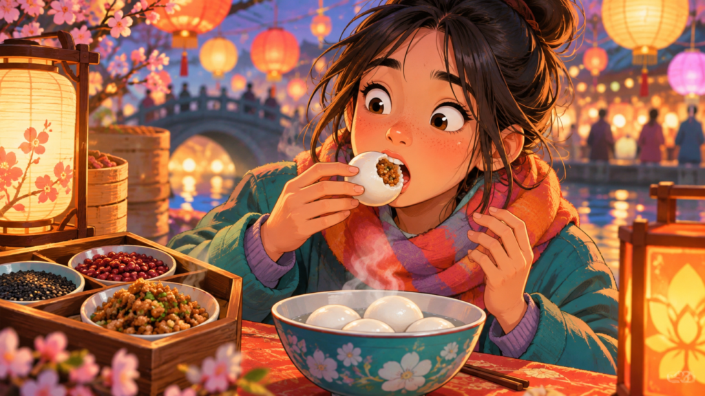 Illustration of round festival rice balls in different flavours