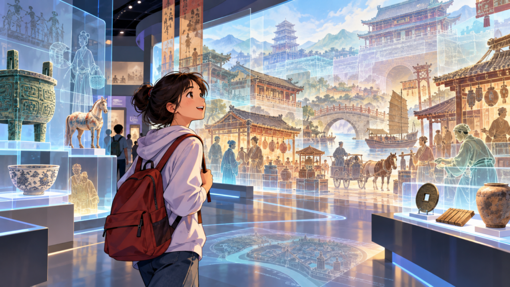 Illustration for “Could a history lesson become a walk-through world?”: illustrated teenager facing a translucent ancient street layered over a modern city.