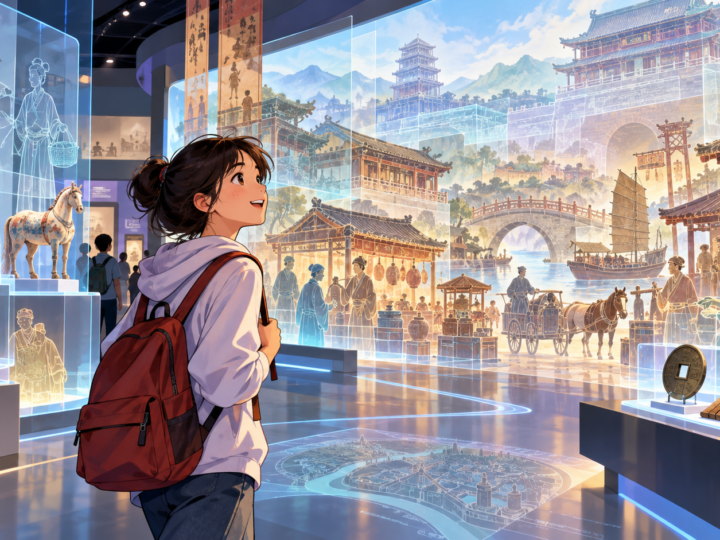 Illustration for “Could a history lesson become a walk-through world?”: illustrated teenager facing a translucent ancient street layered over a modern city.