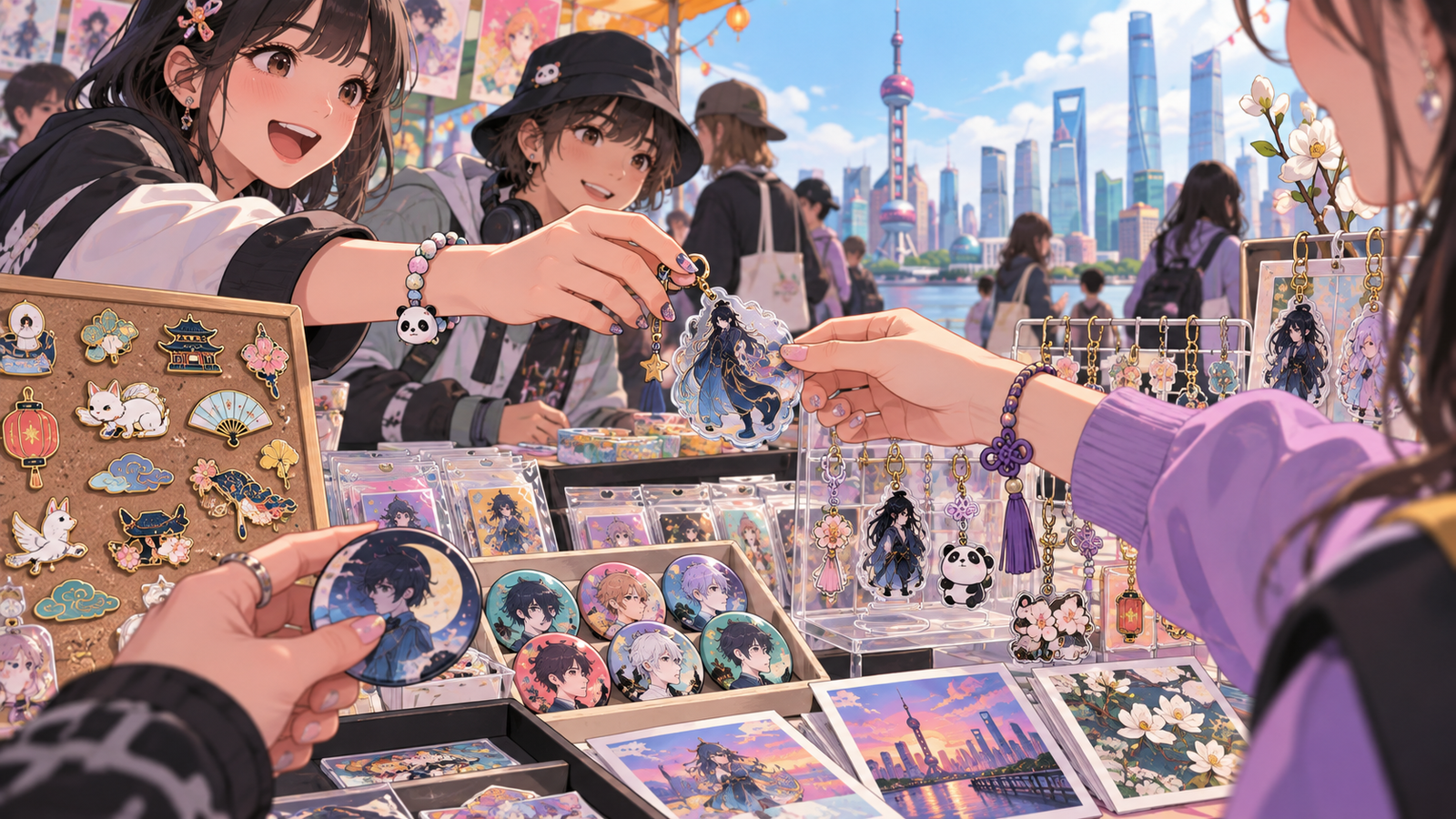 Illustration of a young collector arranging colourful guzi items