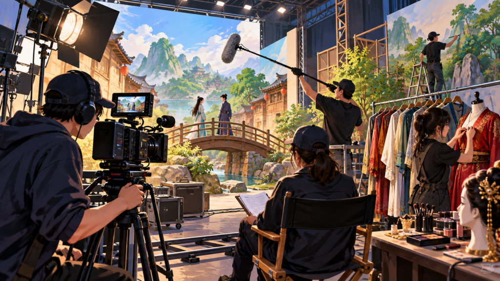 Illustration for “What does a film city need besides cameras?”: cutaway illustration of a fictional film set with lights, sound, costumes and painted scenery.