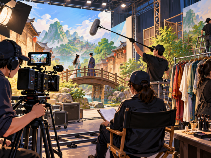 Illustration for “What does a film city need besides cameras?”: cutaway illustration of a fictional film set with lights, sound, costumes and painted scenery.