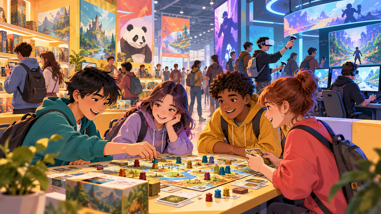 Illustration of friends exploring a board-game exhibition