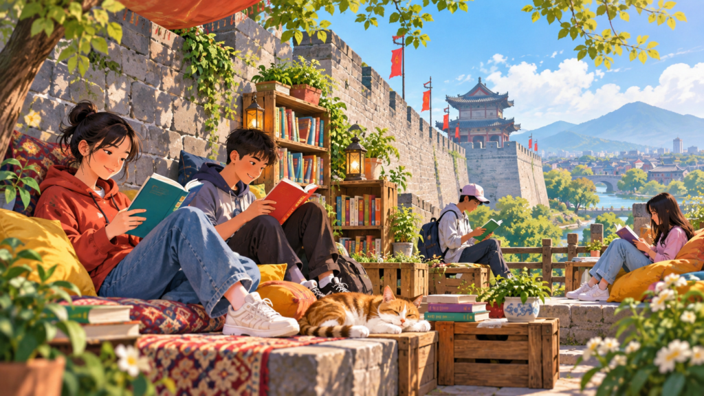 Illustration for “Could a city wall have a reading corner?”: fictional reading nook beside a weathered city wall, bright books, young readers.