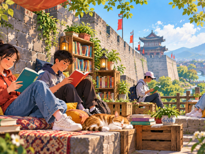 Illustration for “Could a city wall have a reading corner?”: fictional reading nook beside a weathered city wall, bright books, young readers.