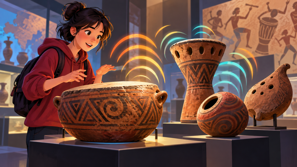 Illustration for “What can pottery tell us about an ancient beat?”: illustrated pottery percussion objects in a museum-like display with abstract sound waves, no claimed reconstruction.
