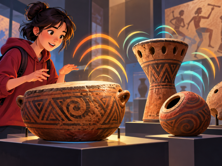 Illustration for “What can pottery tell us about an ancient beat?”: illustrated pottery percussion objects in a museum-like display with abstract sound waves, no claimed reconstruction.