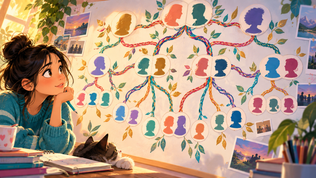 Editorial artwork for “Why might cousin need more explanation?”: branching diagram without identifying a real family.