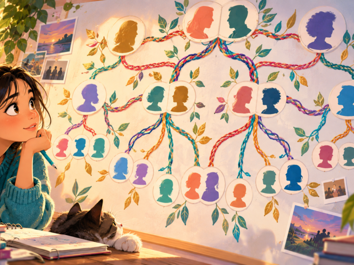 Editorial artwork for “Why might cousin need more explanation?”: branching diagram without identifying a real family.