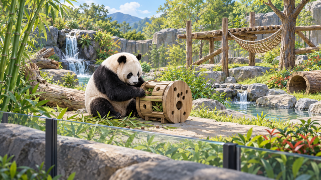 Illustration of a panda using a puzzle feeder in a planted habitat