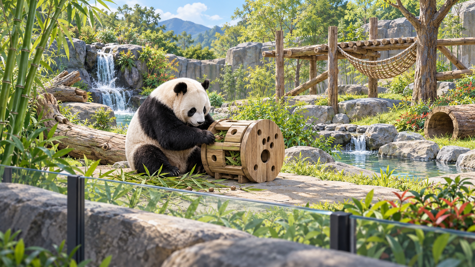 Illustration of a panda using a puzzle feeder in a planted habitat