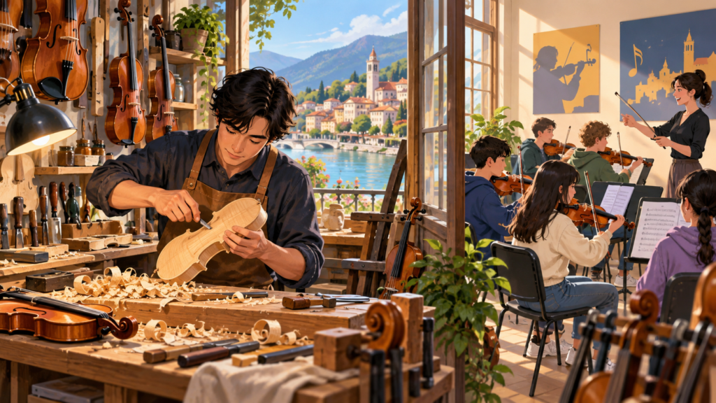 Illustration for “Can a city make a living from music lessons?”: illustrated instrument workshop beside a classroom, no copied instrument brand.