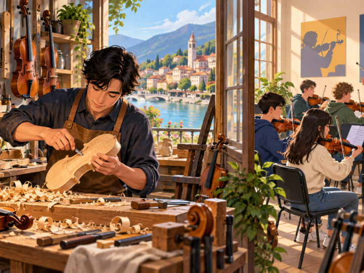 Illustration for “Can a city make a living from music lessons?”: illustrated instrument workshop beside a classroom, no copied instrument brand.