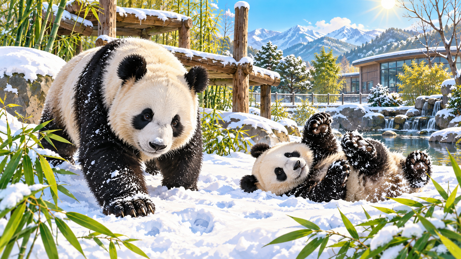 Illustration of giant pandas in a snowy landscape