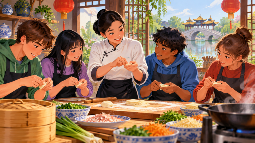 Illustration for “Why does Yangzhou teach people to cook its food?”: illustrated cooking class with hands learning a technique, no claim of a specific dish.