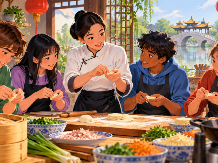 Illustration for “Why does Yangzhou teach people to cook its food?”: illustrated cooking class with hands learning a technique, no claim of a specific dish.