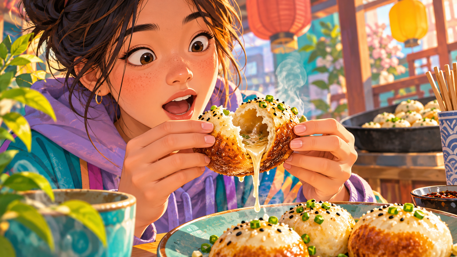 Illustration of a fried bun opened to show its soup filling