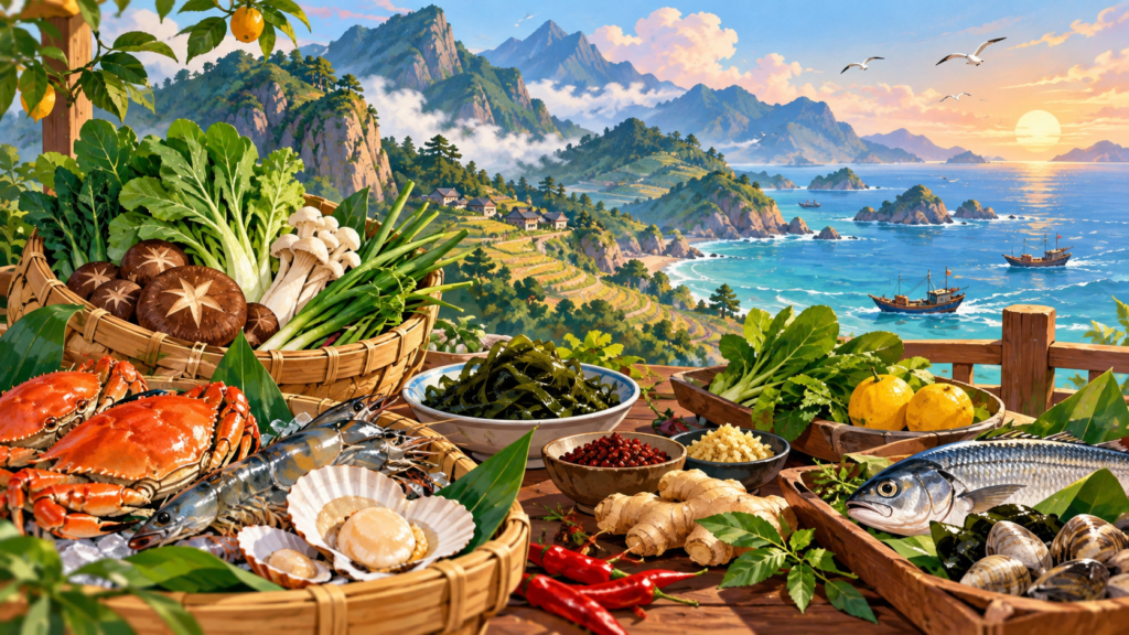 Illustration for “What does “between mountains and sea” taste like?”: stylised coastal and mountain food ingredients around a table.