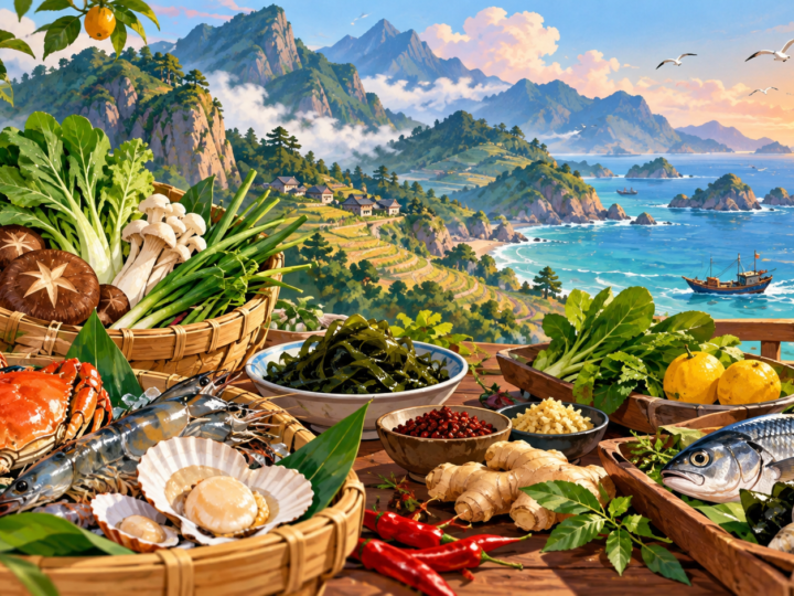 Illustration for “What does “between mountains and sea” taste like?”: stylised coastal and mountain food ingredients around a table.