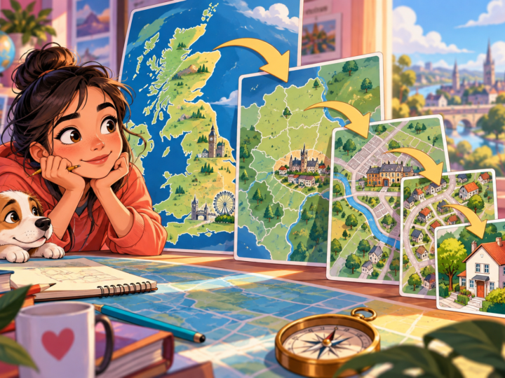Editorial artwork for “Why might an address start with the biggest place?”: nested-map diagram.