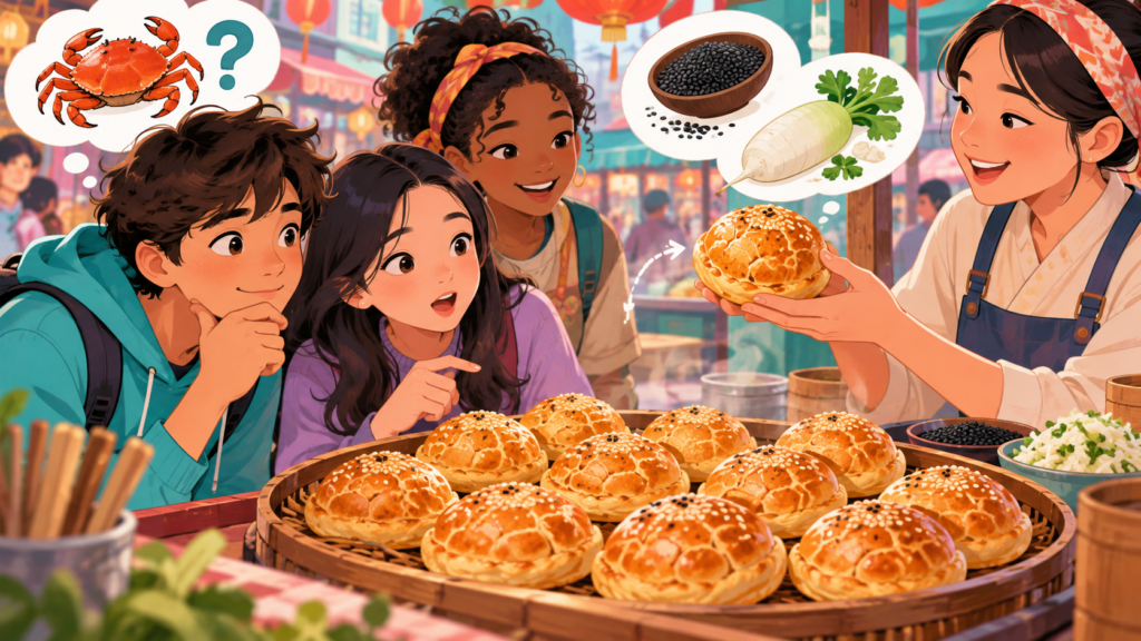Illustration of crisp crab-shell pastries on a tray