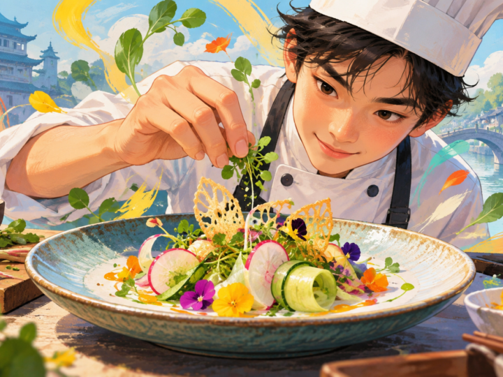 Illustration for “Can “light” food still take serious skill?”: colourful abstract plate with careful textures, no photographic claim of an authentic Shunde dish.