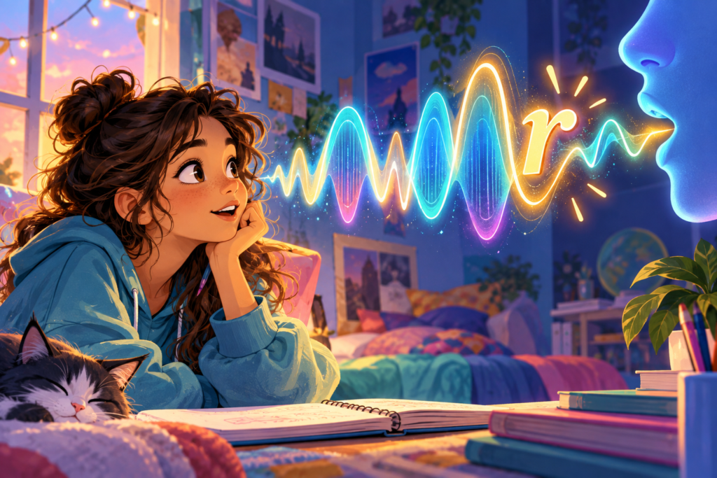Editorial artwork for “What is that little r at the end of a word?”: sound-wave illustration.