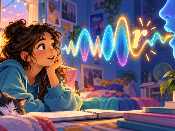 Editorial artwork for “What is that little r at the end of a word?”: sound-wave illustration.
