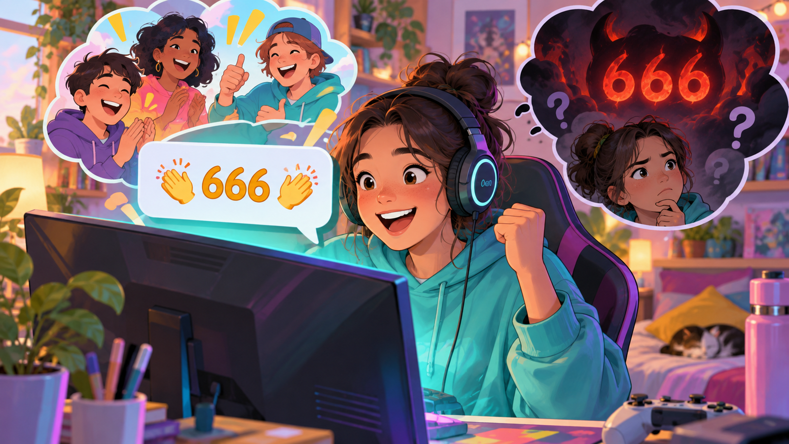 Illustration of colourful online comments around the number 666