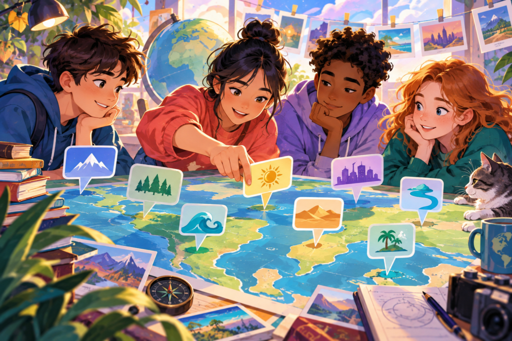 Editorial artwork for “Should a place name be translated?”: abstract map labels without contested borders or named territories.