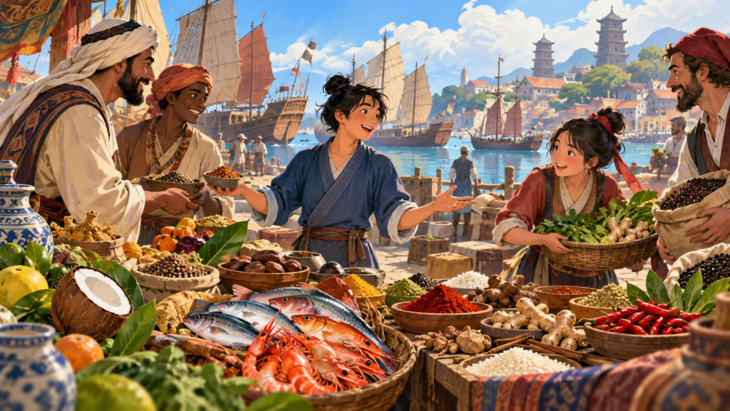 Illustration for “What did the port leave on Quanzhou’s menu?”: fictional illustrated port-market table connecting sea routes and ingredients, no historical reenactment.