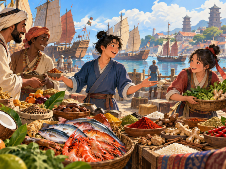 Illustration for “What did the port leave on Quanzhou’s menu?”: fictional illustrated port-market table connecting sea routes and ingredients, no historical reenactment.