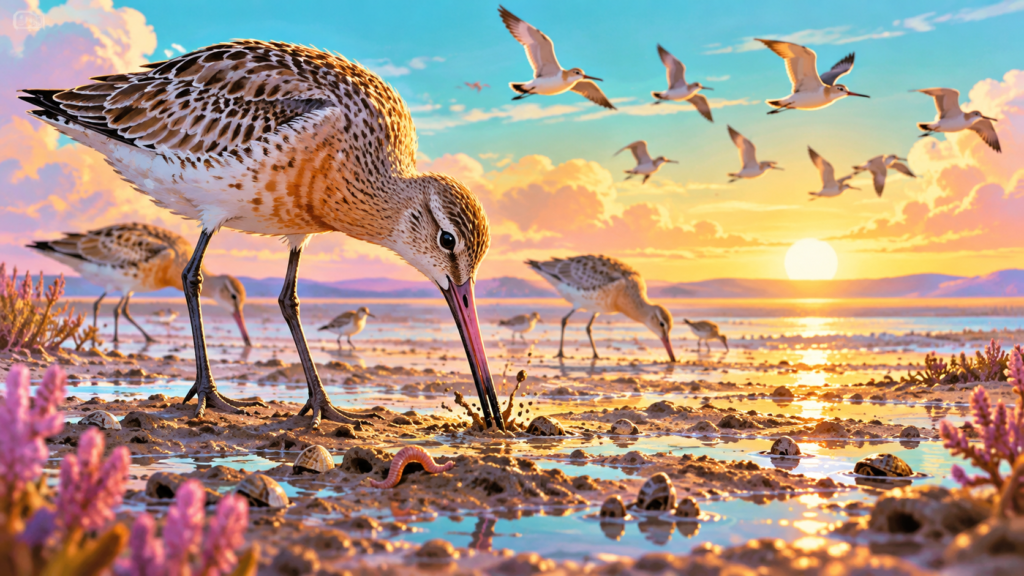 Illustration of migrating birds feeding on a coastal mudflat