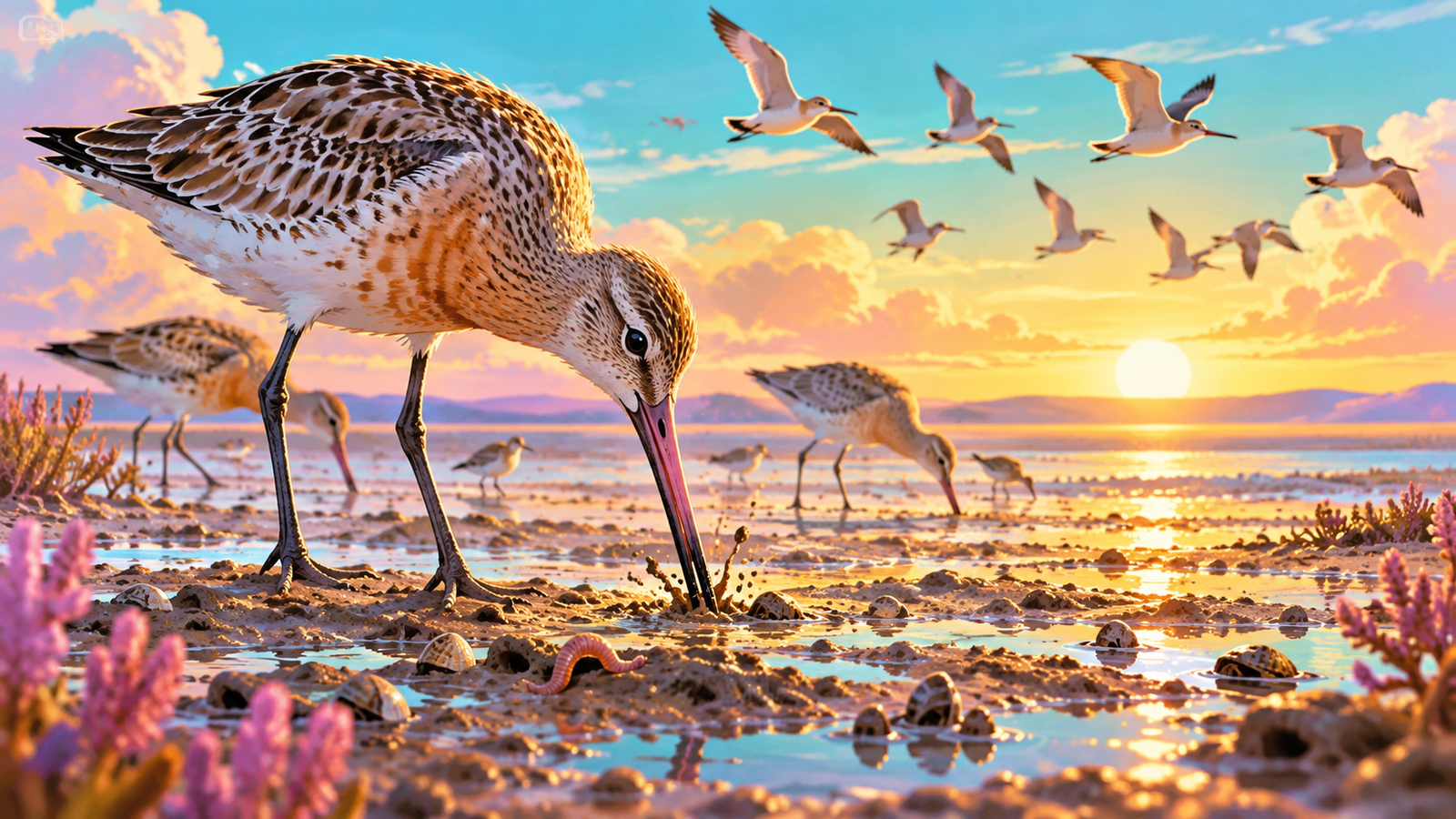 Illustration of migrating birds feeding on a coastal mudflat