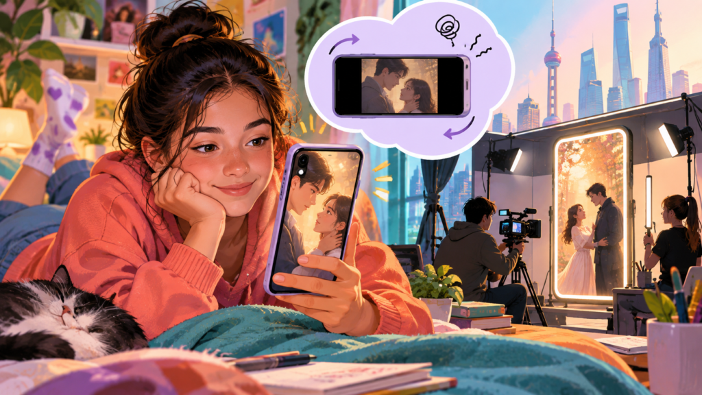 Illustration of a short drama viewed on an upright phone screen