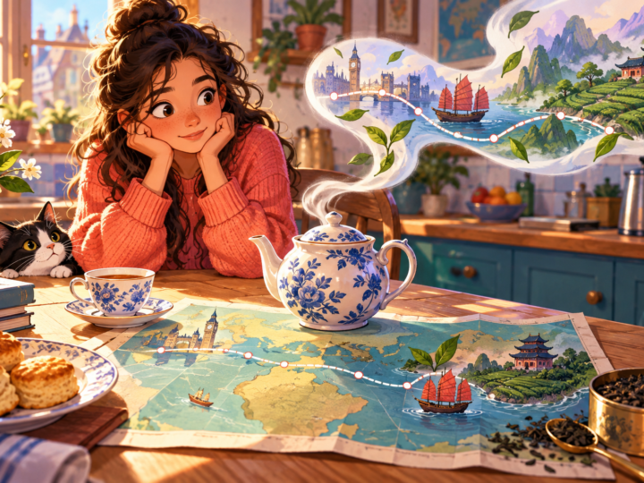 Editorial artwork for “Why does British tea have a Chinese beginning?”: illustrated British kitchen table with teapot and subtle route map.