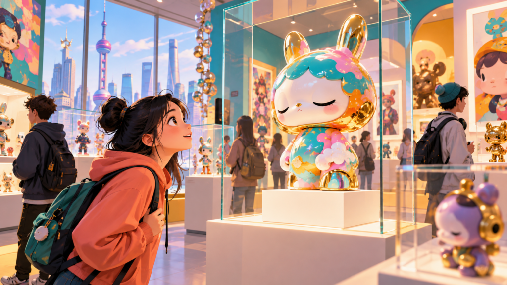 Illustration of a toy displayed in a museum setting