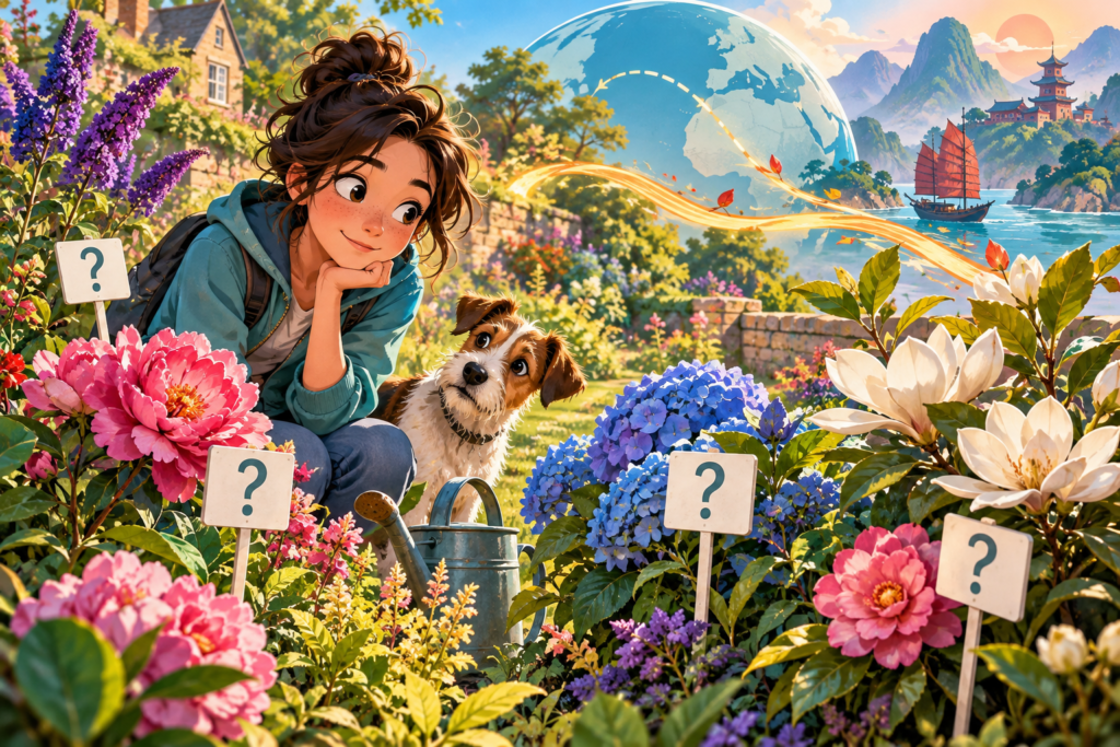 Editorial artwork for “Which British garden plants travelled from China?”: garden border with plant-label question marks.