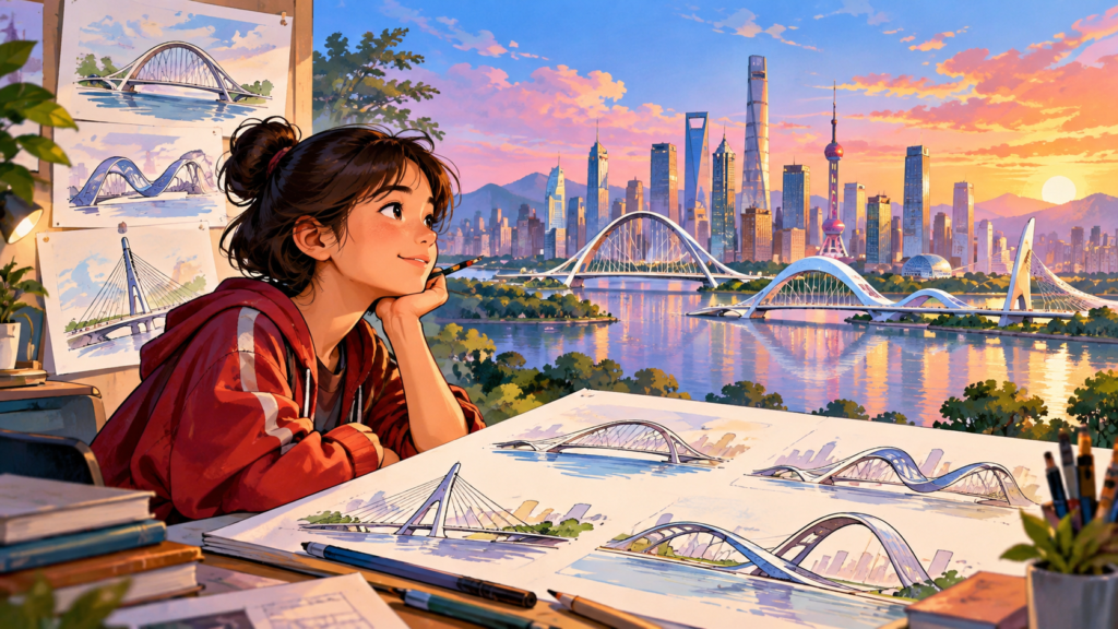 Illustration for “Could bridge design become a city’s signature?”: stylised bridge design sketches and a fictional city skyline, no real bridge.