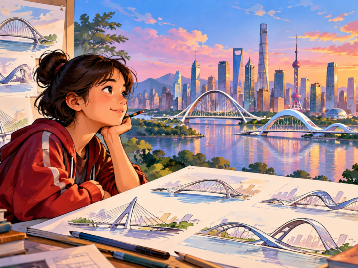 Illustration for “Could bridge design become a city’s signature?”: stylised bridge design sketches and a fictional city skyline, no real bridge.