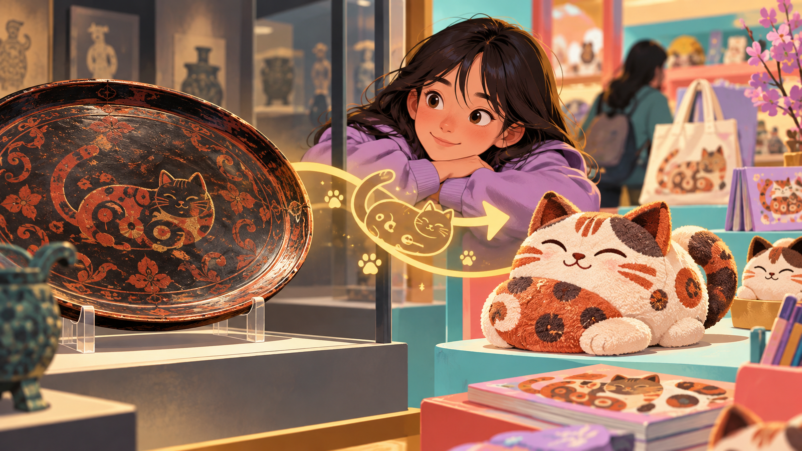 Illustration of a cat-inspired plush beside a museum display