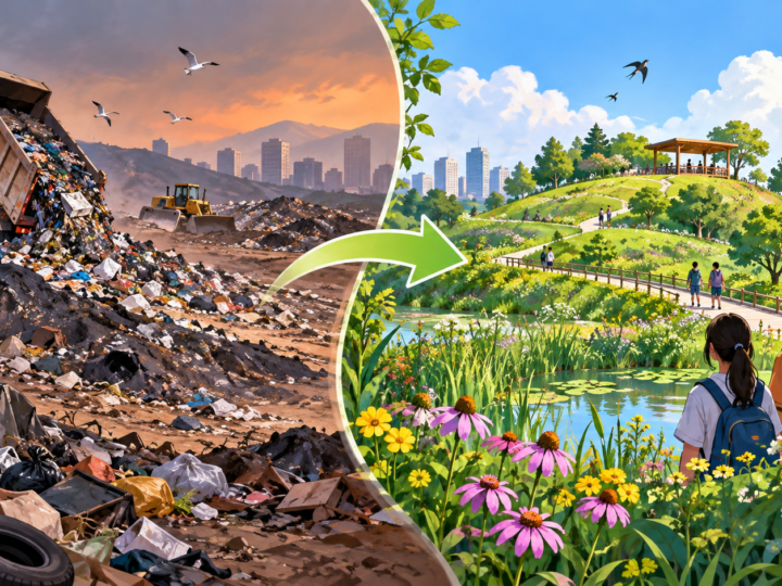 Illustration for “Can an old landfill become a garden?”: illustrated before-and-after landscape with clearly conceptual labels, no documentary photograph.