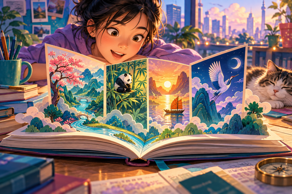 Editorial artwork for “Can four characters hide a whole story?”: folded-storybook illustration.