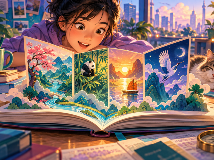 Editorial artwork for “Can four characters hide a whole story?”: folded-storybook illustration.