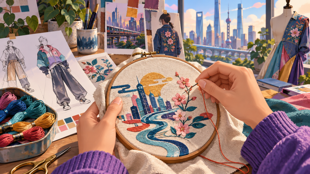 Illustration for “Why does embroidery belong in a modern city?”: close illustrated hands stitching a fictional pattern beside fashion sketches.
