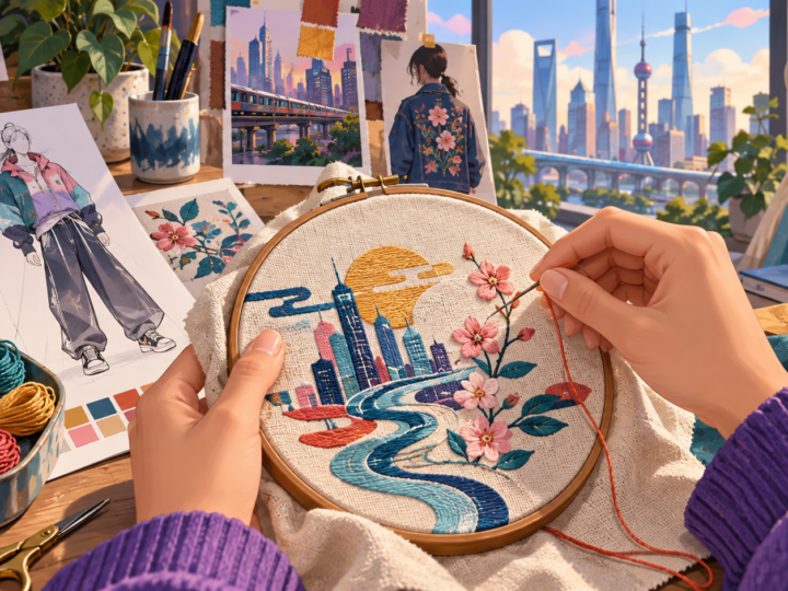 Illustration for “Why does embroidery belong in a modern city?”: close illustrated hands stitching a fictional pattern beside fashion sketches.